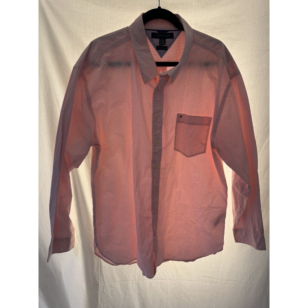 Tommy Hilfiger Men's Button-up Plaid 80's 2-Ply Cotton Dress Shirt‎ Pink XXL